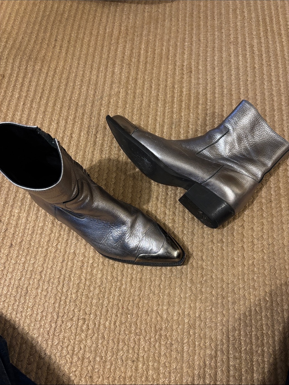 Metallic Silver Pointed-Toe Ankle Boots